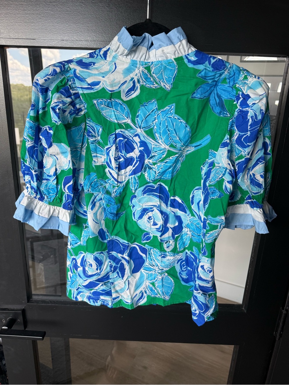 entro Green & Blue Floral Ruffle-Trim Puff Sleeve Blouse - Picture 5 of 6